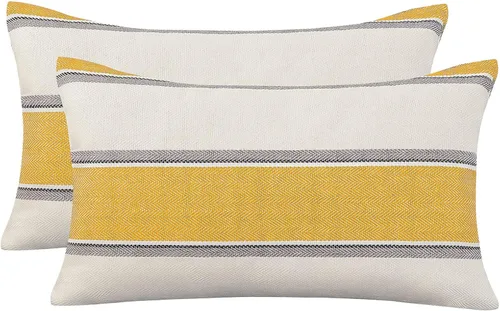 Vista 9 de AmHoo Paquete de 2 fundas de almohada decorativas de lino estilo rural, cojín con decoración a rayas búfalo retro, funda de almohada con cremallera