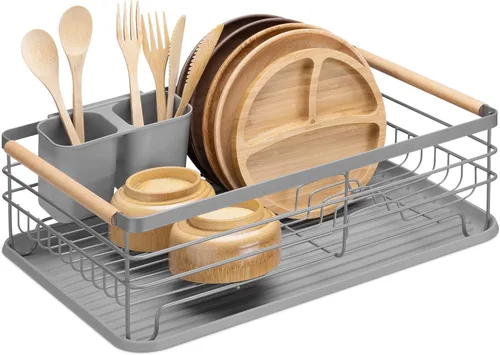 Navaris Escurridor de platos, cubiertos, ollas y sartenes, escurridor para cocina con asas de madera de haya, bandeja de goteo de diseño retro