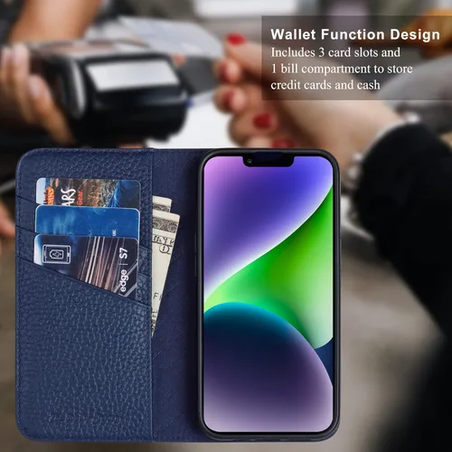 Vista 4 de VISOUL Funda tipo cartera de piel auténtica para iPhone 14, con tapa magnética, con tarjetero y función atril, compatible con iPhone 14