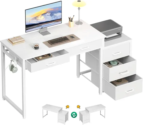 Vista 11 de ODK Escritorio para computadora con 5 cajones, escritorio de oficina de 53 pulgadas con estante para impresora, escritorio reversible