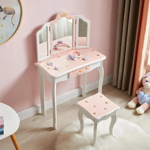 Vista 2 de Nromant Juego de mesa y silla para niños, juego de tocador para niñas con taburete, espejo de tres pliegues, mesa de princesa de maquillaje con Rosa
