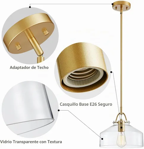 Vista 4 de WUZUPS Candelabro rústico rústico industrial redondo para techo, lámpara LED con pantallas de vidrio transparente para comedor, cocina, isla, Dorado