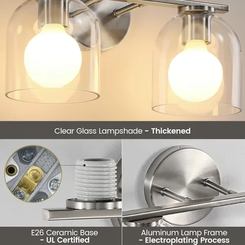 Vista 4 de WOSHITU Moderna lámpara de tocador de baño de níquel cepillado de 14.2 pulgadas: 2 apliques de luz con pantalla de vidrio transparente para espejo