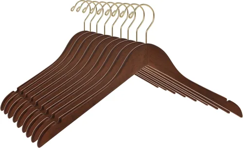 Vista 17 de Perchas de madera semicurvada negra de calidad, paquete de 10 perchas de madera maciza con acabado liso con gancho giratorio, chaqueta, pantalón