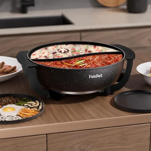 Vista 7 de Olla eléctrica de doble cara de 6L con asas frías al tacto, calor ajustable de 1100 W, interior hexagonal antiadherente y protección contra