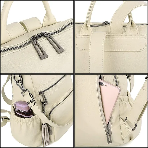 Vista 4 de UTO Mochila de cuero vegano para mujer, diseño de moda, convertible con borla, para viajes, con borla