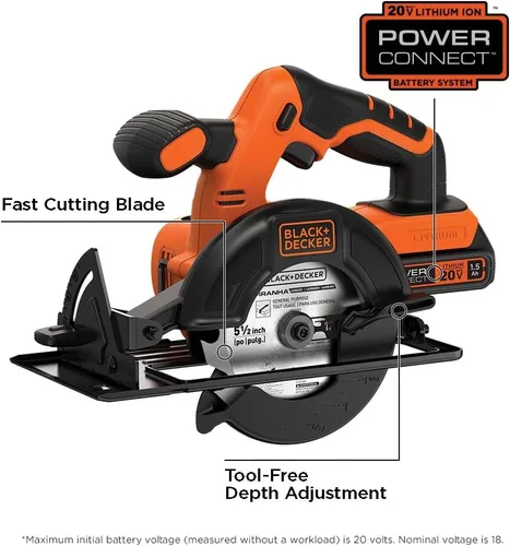 Vista 2 de BLACK+DECKER Sierra circular inalámbrica POWERCONNECT de 20 V MAX de 5-1/2 pulgadas con batería y cargador (BDCCS20C)