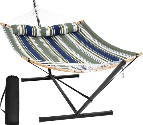Vista 17 de SUNCREAT Hamaca portátil doble con soporte, hamaca para 2 personas con barra separadora curva, cuerdas de equilibrio incluidas, gris oscuro