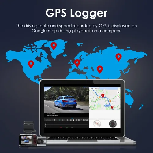 Vista 5 de Cámara de tablero 4K de 3 canales con tarjeta SD, GPS integrado, 4K+2K frontal y trasera, 1440P+1080P+1440P Cámara triple para automóvil, visión