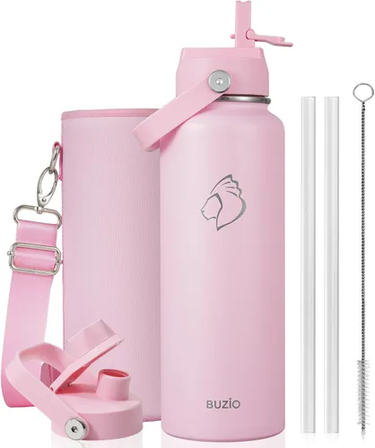 Vista 19 de BUZIO Botella de agua aislada de 24 oz, frasco de agua de boca ancha de acero inoxidable con tapa de pajita, frío durante 48 horas a prueba de Negro