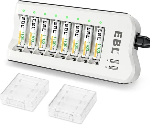 EBL Cargador de batería AA AAA con pilas recargables AAA - Batería AAA de 1100 mAh NIMH AAA Batería triple A de 1.2 V 8 paquetes y cargador de