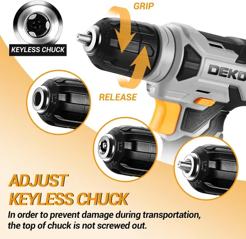 Vista 3 de Taladro inalámbrico DEKOPRO de 8 V, juego de taladro con mandril sin llave de 3/8 pulgadas, 42 piezas de accesorios, LED incorporado, cable de carga