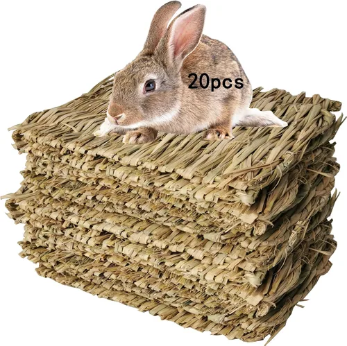 Vista 11 de Hamiledyi Paquete de 18 alfombrillas tejidas con hierba de conejo, paja natural, esteras de heno hechas a mano, ropa de cama para dormir, molienda