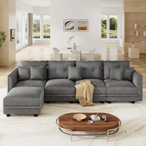 Vista 39 de LLappuil Sofá modular de 112 pulgadas con almacenamiento, sofá de pana de 5 plazas en forma de L con 4 cojines, sofá convertible apto para mascotas