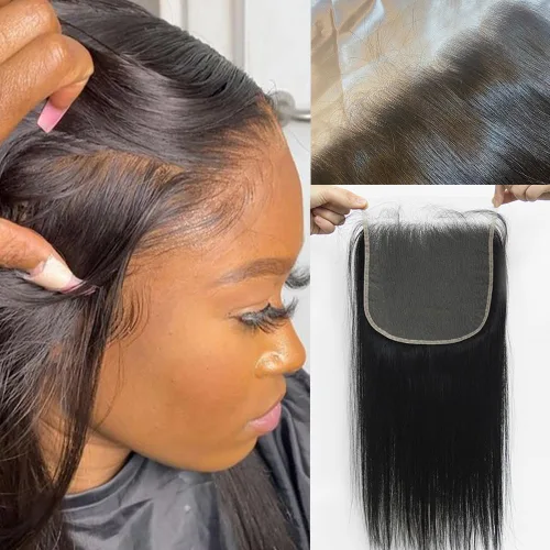 Vista 21 de Cierre de encaje ondulado de 5 x 5, cabello humano brasileño color gris sal y pimienta, transparente HD 5x5, cierre de encaje prearrancado