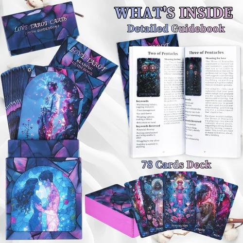Vista 2 de Cartas de tarot de amor con libro guía para principiantes, original y único, tarot rosa, baraja Oracle con bonito borde de lámina dorada