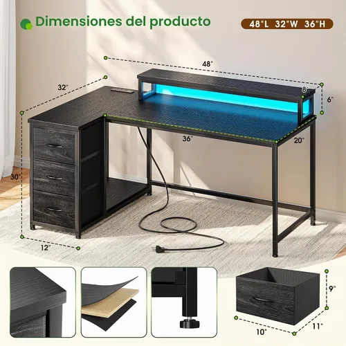 Vista 3 de EnHomee - Escritorio para juegos de 40 pulgadas con 3 cajones de almacenamiento y LED para jugadores adolescentes, escritorio de esquina reversible