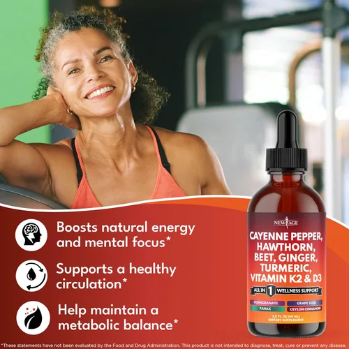 Vista 4 de Suplemento de pimienta de cayena en gotas líquidas + bayas de espino, vitamina D3 K2 polvo de raíz de remolacha, canela de Ceilán, curcumina