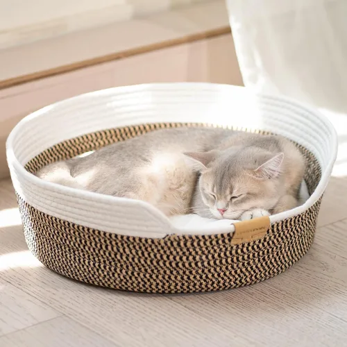 CHEERHOME PETS Cesta de cama para gatos con cojín, cama tejida de cuerda de algodón para mascotas para gatos de interior, cama para gatos Stimulicat