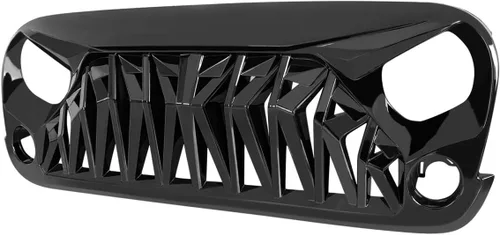 Vista 3 de JK Parrilla frontal de tiburón negro brillante compatible con Jeep Wrangler Rubicon Sahara Sport 2007-2018, ABS