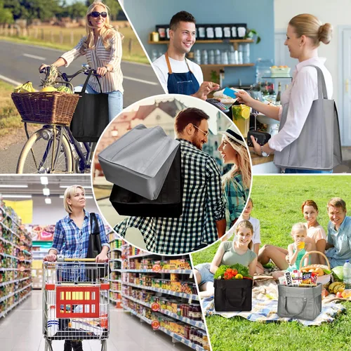 Vista 7 de JERIA Paquete de 24 bolsas de comestibles reutilizables, bolsas de compras grandes y plegables lavables, bolsas de mano resistentes con asas Negro
