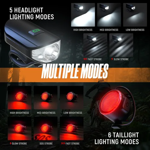Vista 5 de Juego de luces de bicicleta 1500LM USB recargable faro y luz trasera impermeable 5 modos de iluminación para bicicletas para carretera y montaña