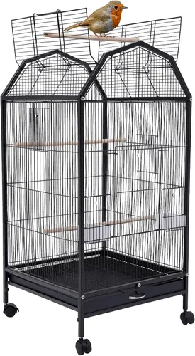 Jaula para pájaros de hierro forjado de 40 pulgadas con parte superior abierta y soporte rodante, jaula de loro movible, jaula de vuelo para pájaros