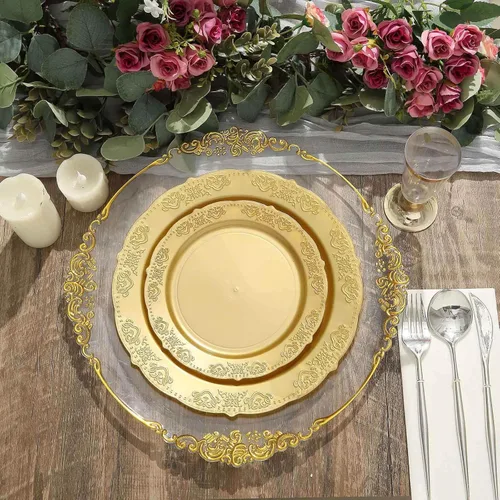 Vista 2 de Tableclothsfactory Paquete de 10 platos de postre de plástico duro en relieve dorado de 10 pulgadas, platos de ensalada redondos desechables