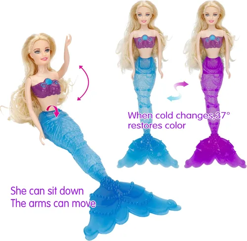 Vista 4 de Juego de muñeca de princesa sirena, cola de sirena que cambia de color por Reversing Squins, muñeca de vestir de cabello rubio de 12 pulgadas