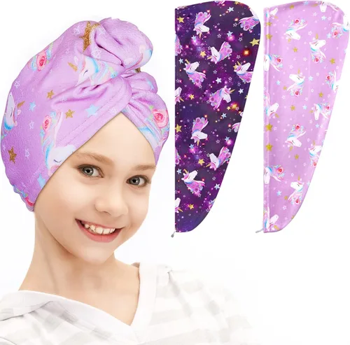 Vista 9 de FIOBEE Toalla Envolvente de Microfibra para el Cabello para Niños, Toalla de Secado Rápido, Turbantes Absorbentes para Cabello Húmedo con Botón