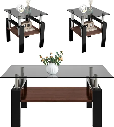 Vista 10 de Juego de 3 mesas auxiliares de cristal para sala de estar, mesa auxiliar de sofá con almacenamiento, patas de metal negro, mesa central rectangular