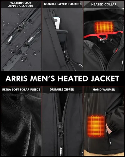 Vista 4 de ARRIS Mens Heated Jacket, Electric Heating Coat with 7.4V Battery and Detachable Hood - Waterproof, 8 Heating Areas