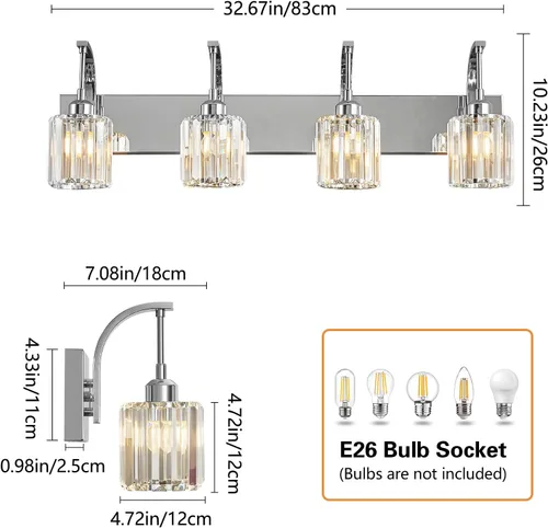 Vista 4 de Lámpara de tocador de cristal de 4 luces, aplique de pared de baño cromado moderno con pantallas de cristal K9, 32.67" de largo, iluminación sobre