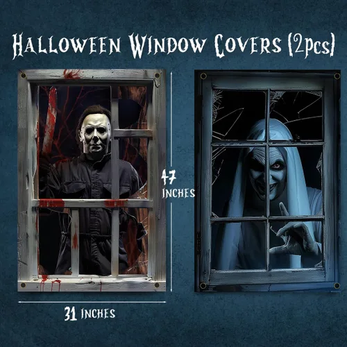 Vista 3 de Cortina espeluznante de tela de Halloween, póster de película de terror, decoración de puerta para casa encantada, calcomanías de miedo