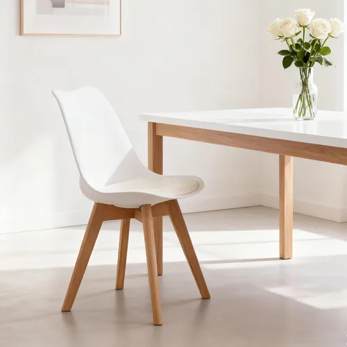 Vista 8 de Juego de 4 sillas de comedor de estilo medieval moderno con patas de madera, sillas de cocina y comedor, juegos de mesa y sillas, silla de Blanco