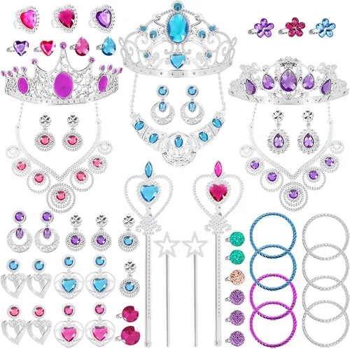 NINAOR Paquete de 56 joyas de princesa para niñas, accesorios de vestir de princesa, joyas de juego para niñas, incluye corona, varita, collar,