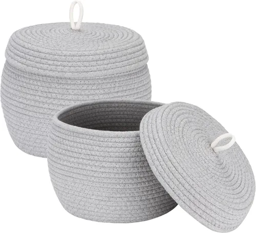 Vista 49 de Sea Team Cesta de almacenamiento redonda de cuerda de algodón con tapa, contenedor de almacenamiento tejido decorativo, cesto, maceta, caddy