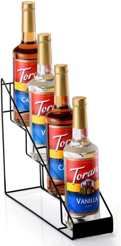 Vista 12 de Estante para jarabe para accesorios de barra de café, organizador de botellas de hierro con 4 compartimentos, estante de almacenamiento de encimera