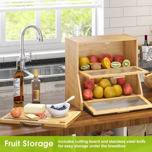 Vista 4 de BMOSU Panera grande de doble capa con tabla de cortar para almacenamiento y organización de pan de cocina, panera de encimera de granja con ventana