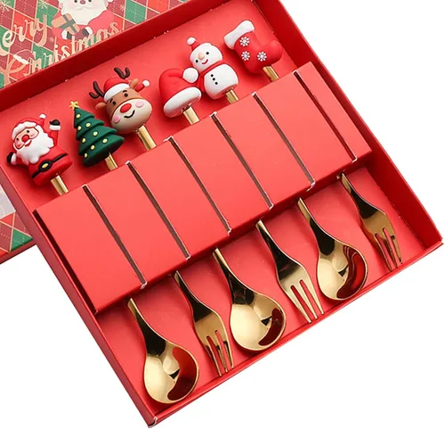 Vista 2 de MagiDeal Juego de 6 cucharas de Navidad, tenedores de acero inoxidable, cucharas de postre de acero inoxidable, cucharas de postre de sopa, cucharas