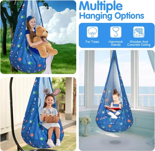 Vista 4 de Columpio Sensorial, Silla Giratoria para Niños Pequeños, Hamaca Colgante con Silla de Inflable y Correas Ajustables para Interior y Exterior - Azul