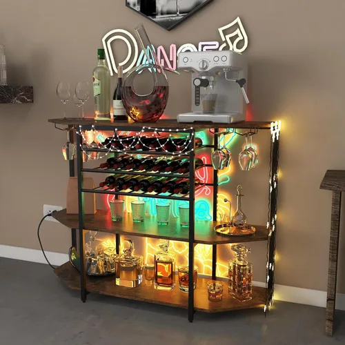Vista 2 de COSTWAY Armario para bar de vinos, gabinete de licor de 3 niveles con tomas de corriente, estantes para botellas de vino, soportes de vidrio, Marrón