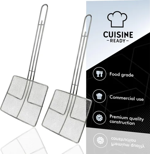 Vista 7 de Colador de malla de alambre con mango largo Paquete de 2 Cuchara cuadrada para freír de 6.5 pulgadas Colador de aceite de cocina para freidora