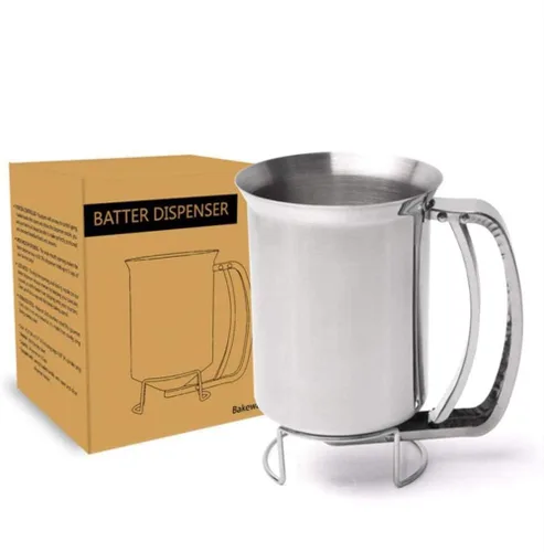 Vista 7 de Dispensador de masa de panqueques de acero inoxidable, dispensador de masa de panqueques de mano, embudo de masa profesional de 30.4 fl oz