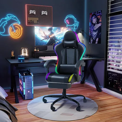 Vista 2 de Silla de juegos con RGB, sillas de juegos de computadora con luces LED y reposapiés para el hogar, oficina, color negro