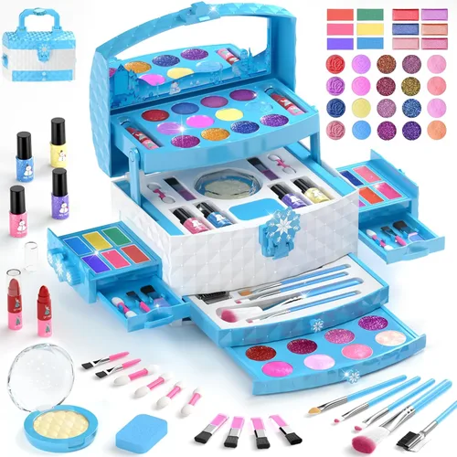 GirlsHome Juego de maquillaje para niños para niña, 56 piezas, cosméticos reales lavables, juguetes congelados no tóxicos, kit de maquillaje para