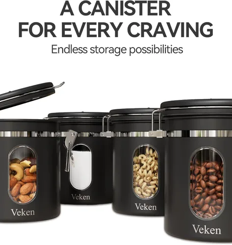 Vista 8 de Veken Recipiente de café con ventana, recipiente hermético de almacenamiento de alimentos de cocina de acero inoxidable con tapas, rastreador