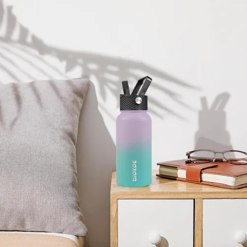 Vista 7 de BJPKPK - Botellas de agua aisladas con tapa de popote, botella de agua de acero inoxidable de 27 onzas con 3 tapas, termo de metal sin BPA a prueba