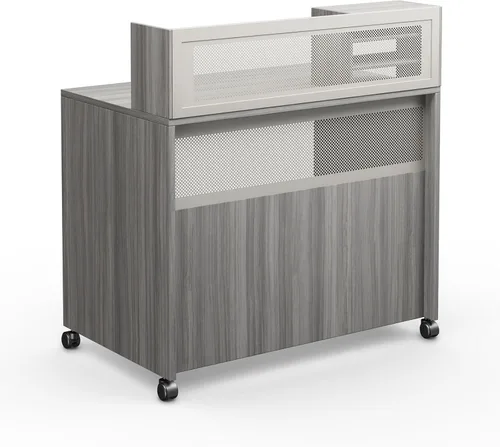 Vista 7 de NBF Moderno escritorio de recepción con mostrador – Mostrador móvil de altura de pie – Recepción con acabado laminado espresso – Escritorio