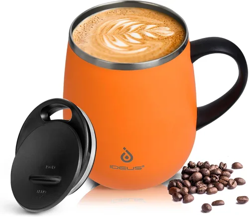Ideus Taza de café aislada de 16 onzas con asa y tapa, taza de café térmica al vacío de acero inoxidable de doble pared, taza de café de viaje para